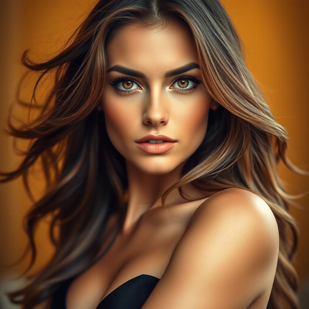 A striking portrait of a confident, attractive woman with mesmerizing eyes and flowing hair, exuding charm and allure