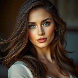 A striking portrait of a confident, attractive woman with mesmerizing eyes and flowing hair, exuding charm and allure