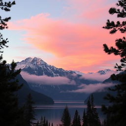 A serene mountain landscape during sunset, with soft hues of pink and orange in the sky