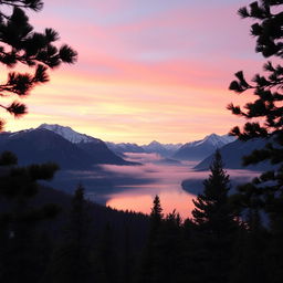 A serene mountain landscape during sunset, with soft hues of pink and orange in the sky