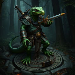 A dark green lizardfolk warrior with a classic reptilian look, featuring claws and a long tail