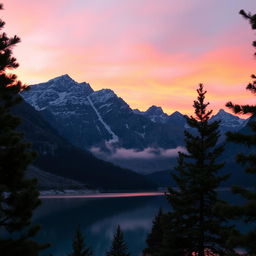 A serene mountain landscape during sunset, with soft hues of pink and orange in the sky