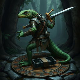 A dark green lizardfolk warrior with a classic reptilian look, featuring claws and a long tail