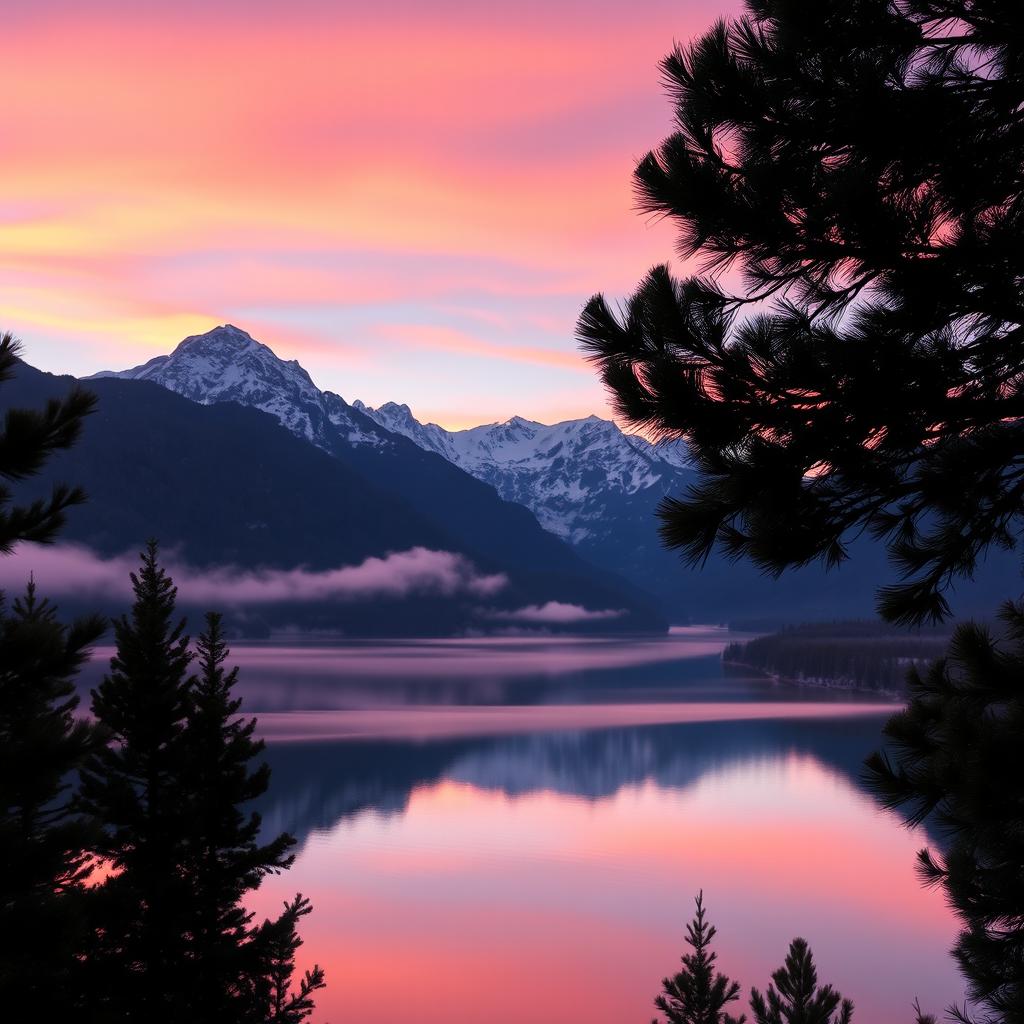 A serene mountain landscape during sunset, with soft hues of pink and orange in the sky