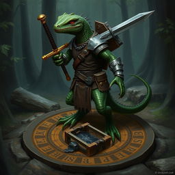 A dark green lizardfolk warrior with a classic reptilian look, featuring claws and a long tail