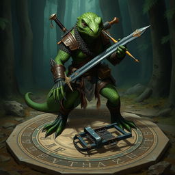 A dark green lizardfolk warrior with a classic reptilian look, featuring claws and a long tail