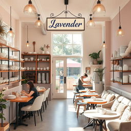 A boutique-style cozy cafe named Lavender, featuring a stylish and inviting interior