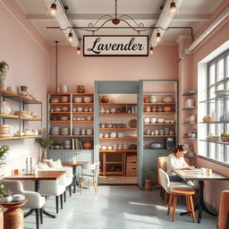 A boutique-style cozy cafe named Lavender, featuring a stylish and inviting interior