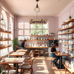 A boutique-style cozy cafe named Lavender, featuring a stylish and inviting interior