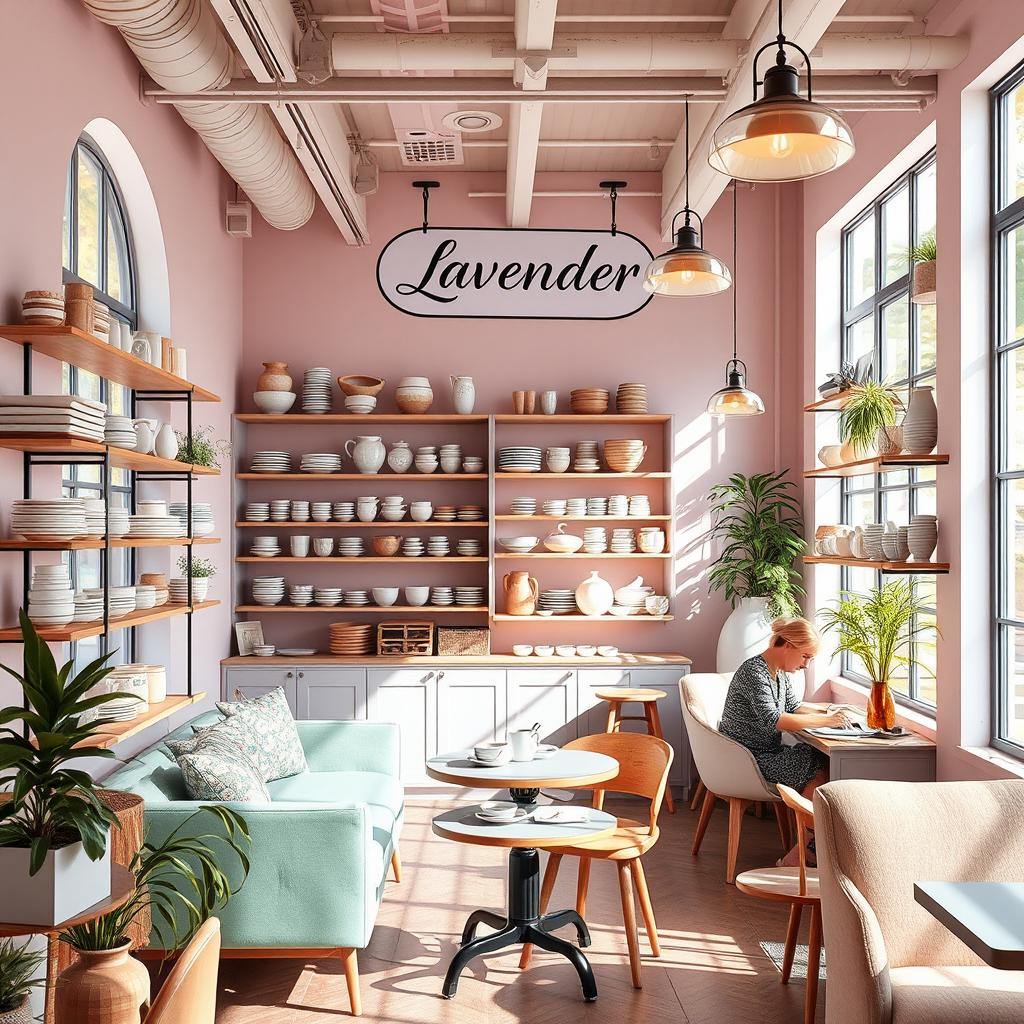 A boutique-style cozy cafe named Lavender, featuring a stylish and inviting interior