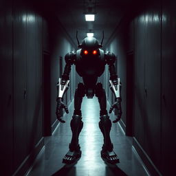 A dark corridor with a menacing animatronic robot standing in the center