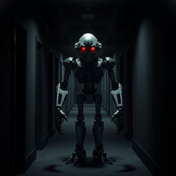 A dark corridor with a menacing animatronic robot standing in the center