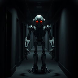 A dark corridor with a menacing animatronic robot standing in the center