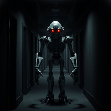 A dark corridor with a menacing animatronic robot standing in the center