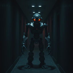 A dark corridor with a menacing animatronic robot standing in the center