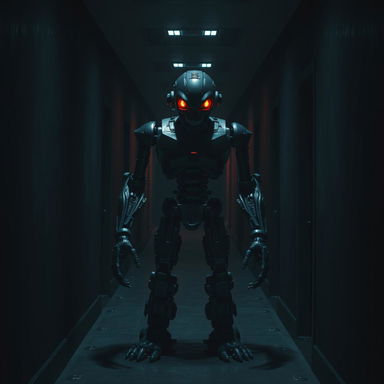 A dark corridor with a menacing animatronic robot standing in the center