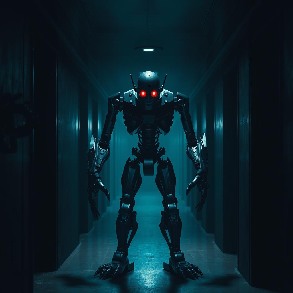 A dark corridor with a menacing animatronic robot standing in the center