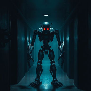A dark corridor with a menacing animatronic robot standing in the center