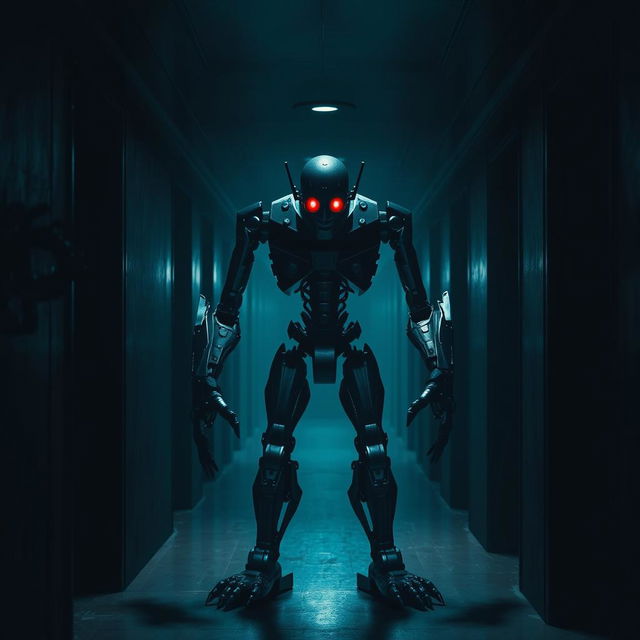 A dark corridor with a menacing animatronic robot standing in the center