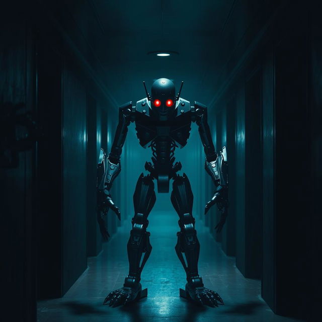 A dark corridor with a menacing animatronic robot standing in the center