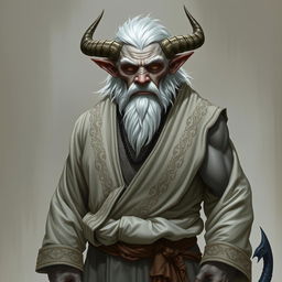 A gruff, old Tiefling with grey skin and white hair stands proudly