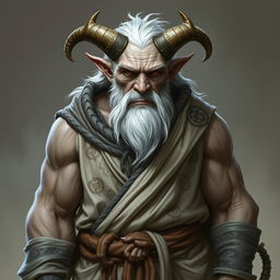 A gruff, old Tiefling with grey skin and white hair stands proudly