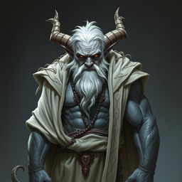 A gruff, old Tiefling with grey skin and white hair stands proudly