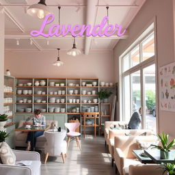 A boutique-style cozy cafe named Lavender, featuring a stylish and inviting interior