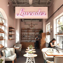 A boutique-style cozy cafe named Lavender, featuring a stylish and inviting interior