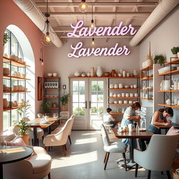 A boutique-style cozy cafe named Lavender, featuring a stylish and inviting interior