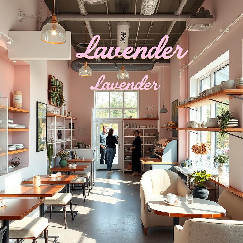 A boutique-style cozy cafe named Lavender, featuring a stylish and inviting interior