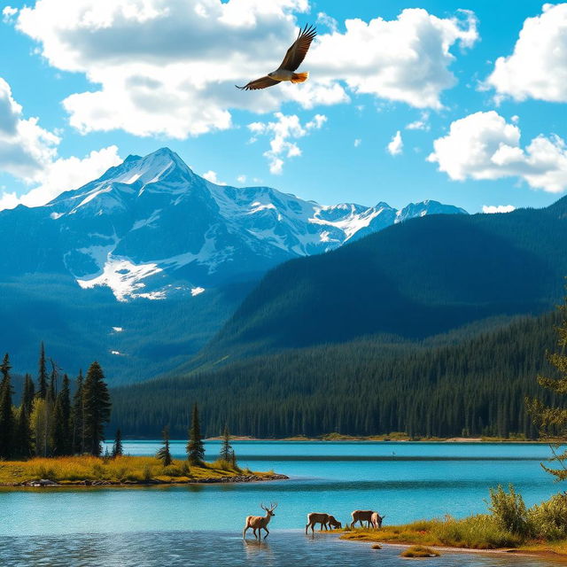 a serene landscape featuring a crystal-clear lake in the foreground, encircled by lush green forests