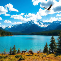 a serene landscape featuring a crystal-clear lake in the foreground, encircled by lush green forests