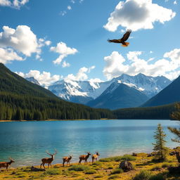 a serene landscape featuring a crystal-clear lake in the foreground, encircled by lush green forests