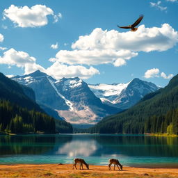 a serene landscape featuring a crystal-clear lake in the foreground, encircled by lush green forests