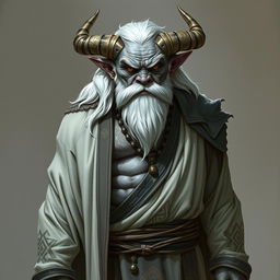 A gruff, old Tiefling with grey skin and white hair stands proudly