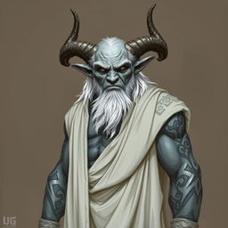 A gruff, old Tiefling with grey skin and white hair stands proudly