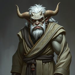 A gruff, old Tiefling with grey skin and white hair stands proudly