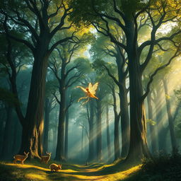 A magical forest with tall, ancient trees that touch the sky, their canopies forming a dense, leafy roof that filters the sunlight into beautiful, dappled patterns on the forest floor