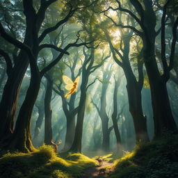 A magical forest with tall, ancient trees that touch the sky, their canopies forming a dense, leafy roof that filters the sunlight into beautiful, dappled patterns on the forest floor