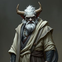 A gruff, old Tiefling with grey skin and white hair stands proudly