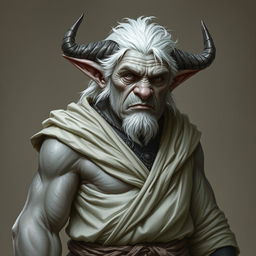 A gruff, old Tiefling with grey skin and white hair stands proudly