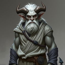 A gruff, old Tiefling with grey skin and white hair stands proudly