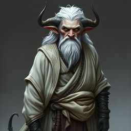 A gruff, old Tiefling with grey skin and white hair stands proudly