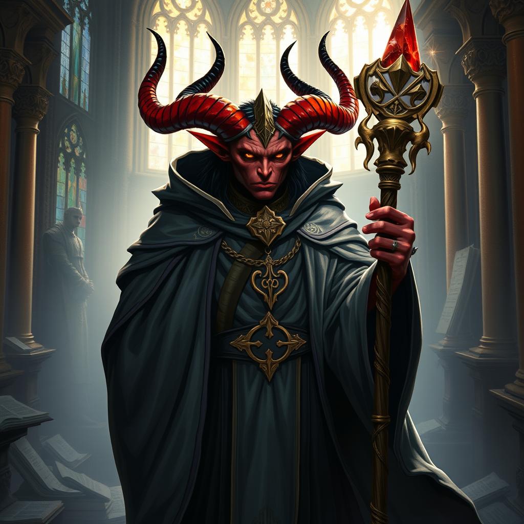 A powerful and mystical tiefling cleric, depicted with elegant horns and flowing robes adorned with divine symbols