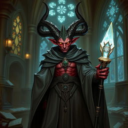 A powerful and mystical tiefling cleric, depicted with elegant horns and flowing robes adorned with divine symbols