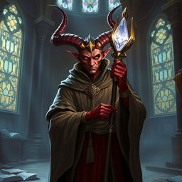 A powerful and mystical tiefling cleric, depicted with elegant horns and flowing robes adorned with divine symbols