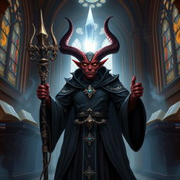 A powerful and mystical tiefling cleric, depicted with elegant horns and flowing robes adorned with divine symbols