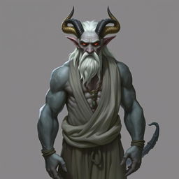 An old Tiefling with grey skin and white hair stands gracefully