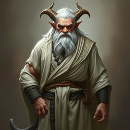 A gruff, old Tiefling with pale skin and white hair stands proudly